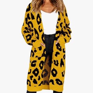 Leopard Cardigan Long Open Sweaters Loose Knit Coat Draped Jumper with Pockets